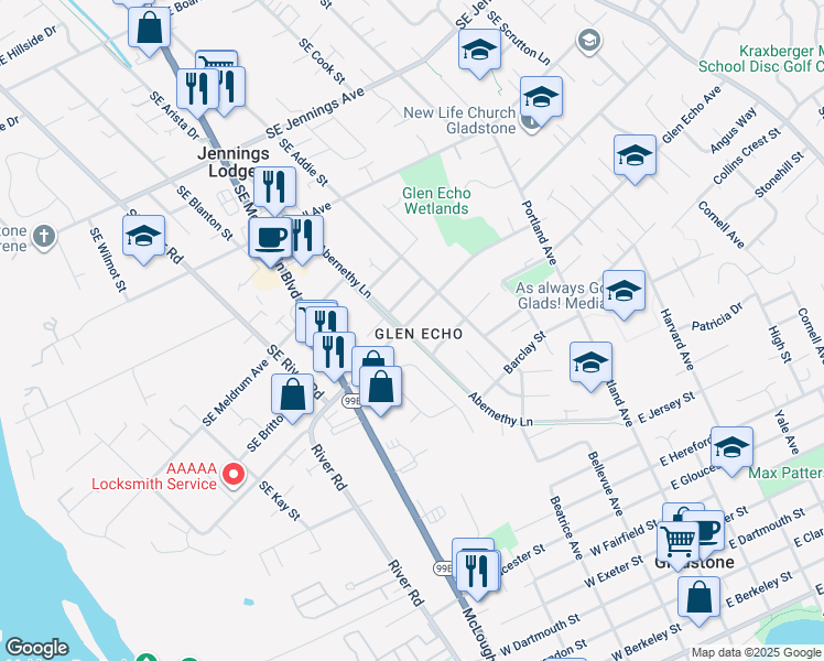 map of restaurants, bars, coffee shops, grocery stores, and more near 5602 Glen Echo Avenue in Gladstone