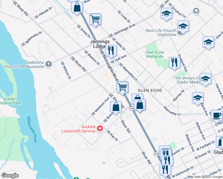 map of restaurants, bars, coffee shops, grocery stores, and more near 18810 Southeast River Road in Milwaukie