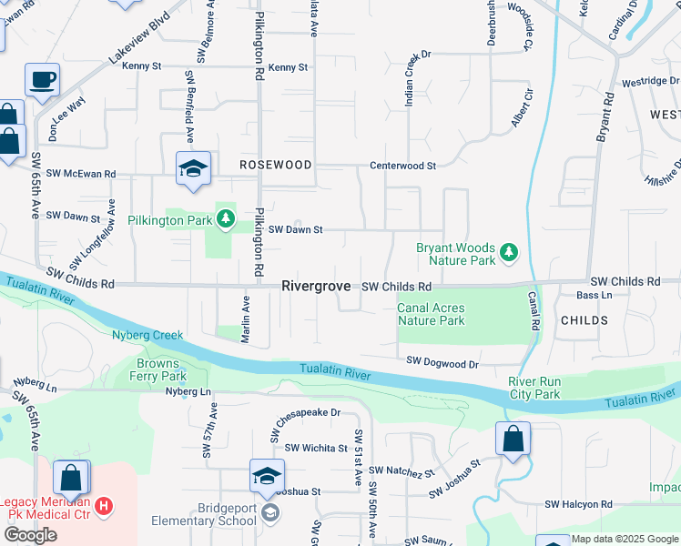 map of restaurants, bars, coffee shops, grocery stores, and more near 19203 Southwest Megly Court in Lake Oswego
