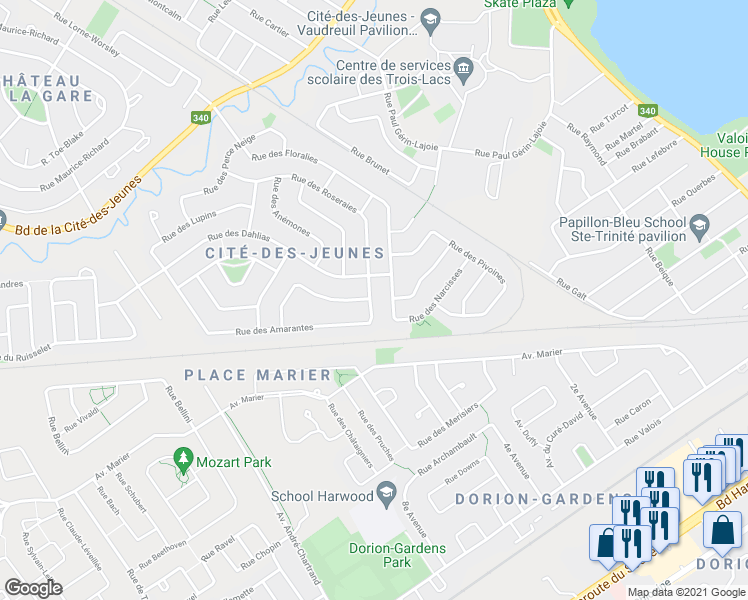 map of restaurants, bars, coffee shops, grocery stores, and more near 2661 Rue des Amarantes in Vaudreuil-Dorion