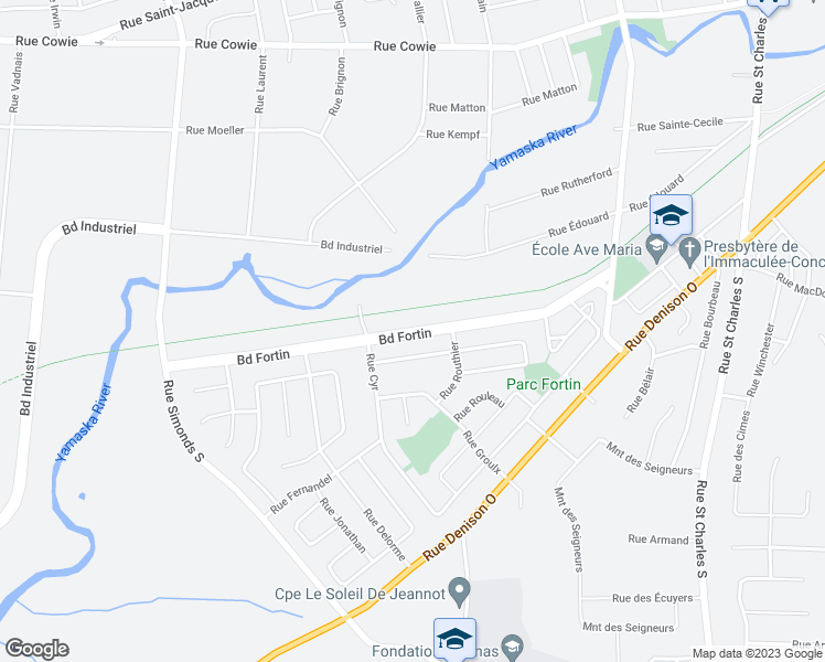 map of restaurants, bars, coffee shops, grocery stores, and more near Boulevard Fortin in Granby