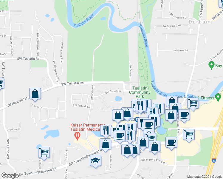 map of restaurants, bars, coffee shops, grocery stores, and more near 8720 Southwest Tualatin Road in Tualatin