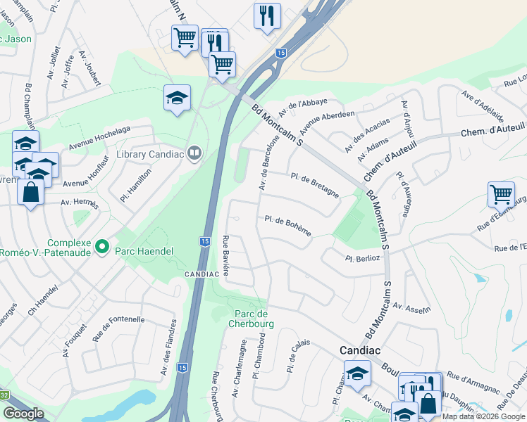 map of restaurants, bars, coffee shops, grocery stores, and more near 34 Avenue de Barcelone in Candiac