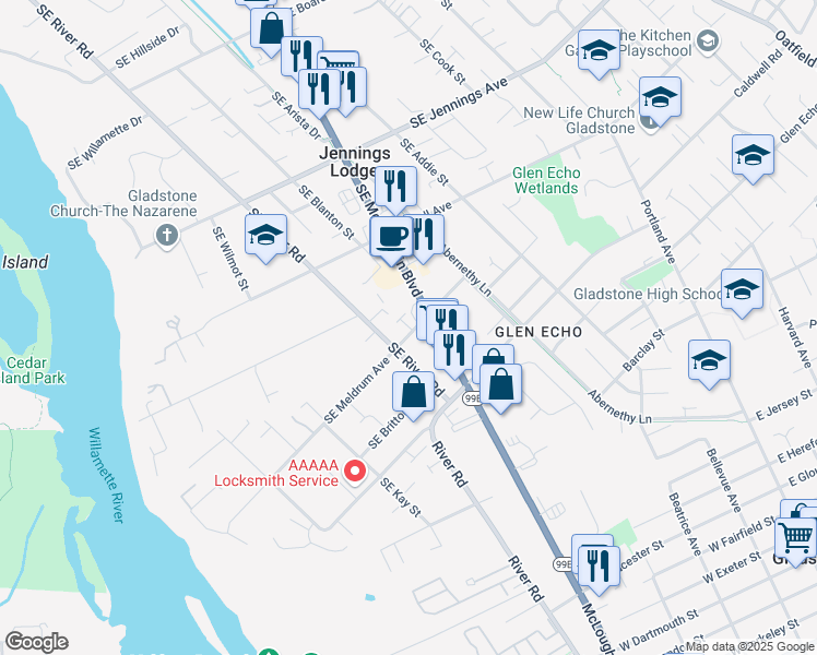 map of restaurants, bars, coffee shops, grocery stores, and more near 5145 Southeast Meldrum Avenue in Portland