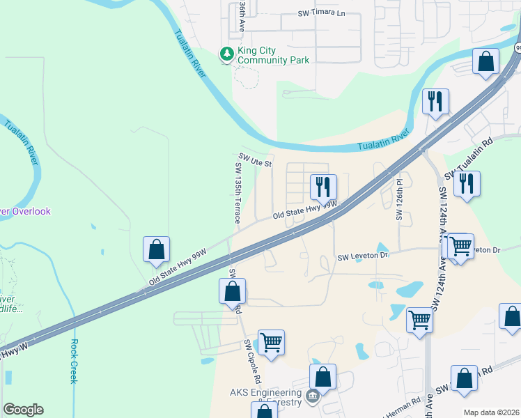 map of restaurants, bars, coffee shops, grocery stores, and more near 18378 Southwest 134th Terrace in Tualatin