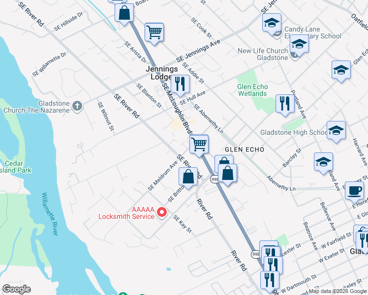 map of restaurants, bars, coffee shops, grocery stores, and more near 5121 Southeast Meldrum Avenue in Milwaukie