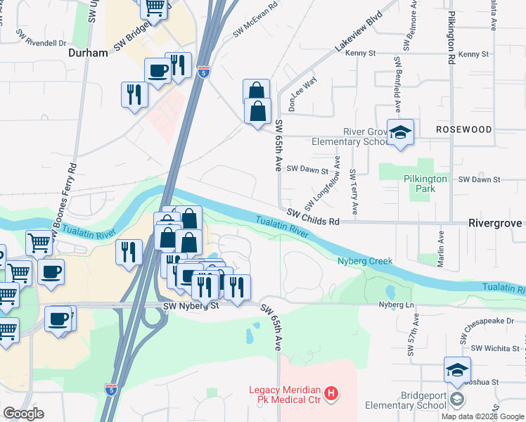 map of restaurants, bars, coffee shops, grocery stores, and more near 6666 Childs Road in Lake Oswego