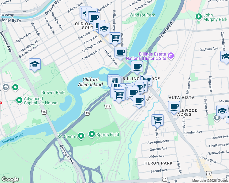 map of restaurants, bars, coffee shops, grocery stores, and more near 2186a Lamira Street in Ottawa