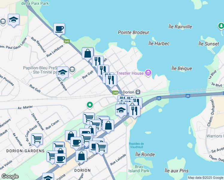map of restaurants, bars, coffee shops, grocery stores, and more near 105 Avenue Saint-Charles in Vaudreuil-Dorion