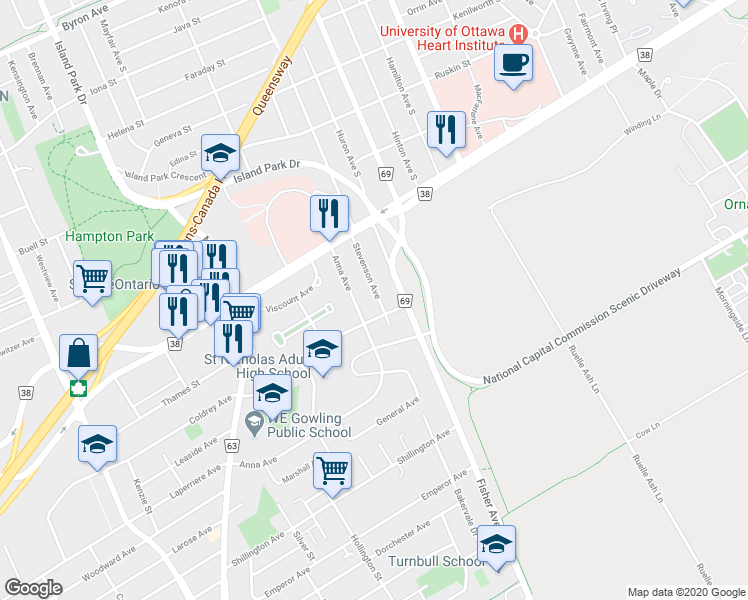 map of restaurants, bars, coffee shops, grocery stores, and more near 64 Stevenson Avenue in Ottawa