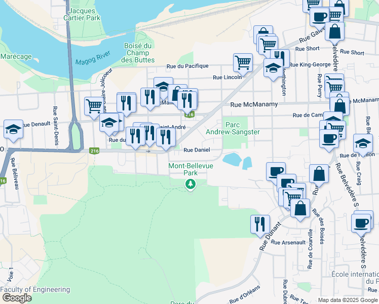 map of restaurants, bars, coffee shops, grocery stores, and more near 1304 Rue Daniel in Sherbrooke