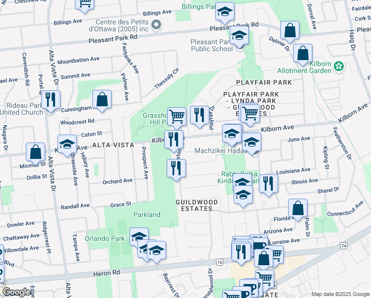 map of restaurants, bars, coffee shops, grocery stores, and more near 1845 Fairmeadow Crescent in Ottawa