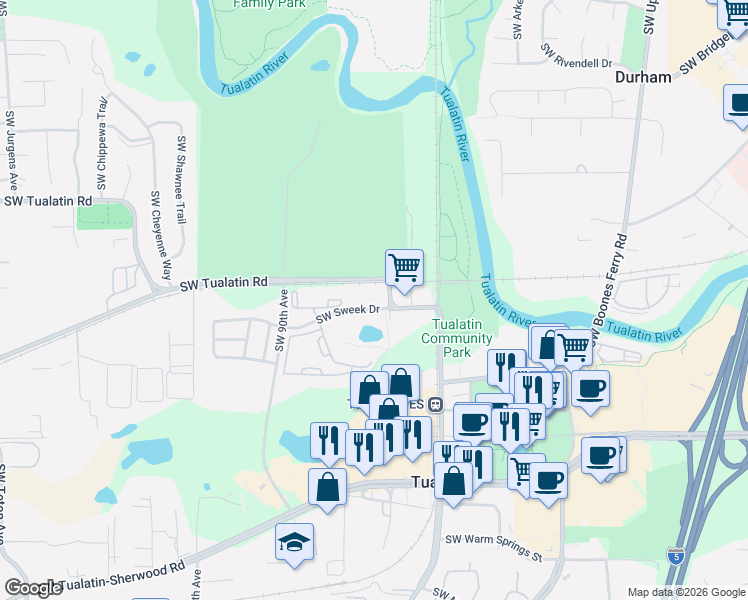 map of restaurants, bars, coffee shops, grocery stores, and more near 15094 Southwest Tualatin Road in Tualatin