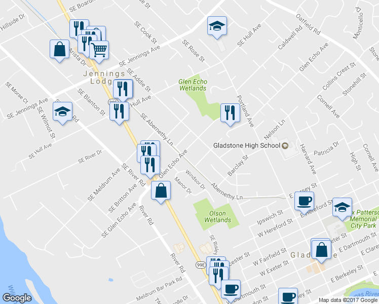 map of restaurants, bars, coffee shops, grocery stores, and more near 5602 Glen Echo Avenue in Gladstone