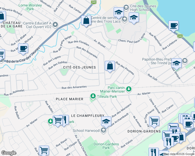 map of restaurants, bars, coffee shops, grocery stores, and more near 2661 Rue des Amarantes in Vaudreuil-Dorion