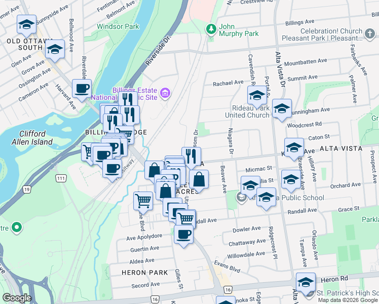 map of restaurants, bars, coffee shops, grocery stores, and more near 2176 Blossom Drive in Ottawa