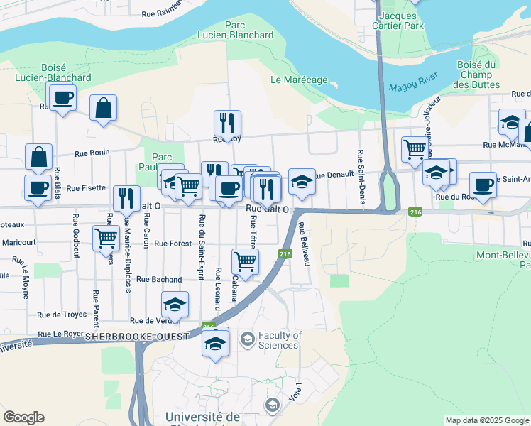 map of restaurants, bars, coffee shops, grocery stores, and more near 2124 Rue Galt Ouest in Sherbrooke