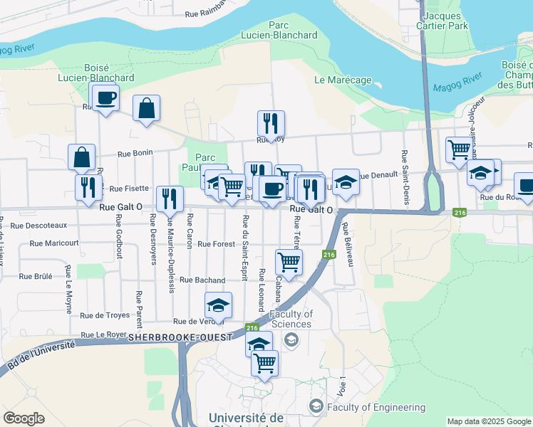 map of restaurants, bars, coffee shops, grocery stores, and more near 1310 Rue Leonard in Sherbrooke