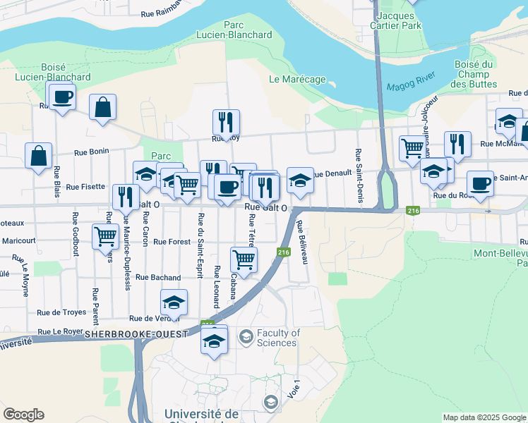 map of restaurants, bars, coffee shops, grocery stores, and more near 2124 Rue Galt Ouest in Sherbrooke