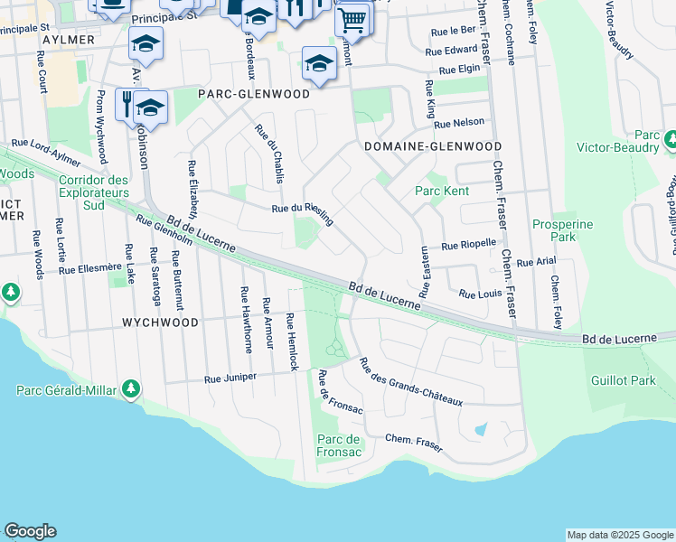 map of restaurants, bars, coffee shops, grocery stores, and more near 8 Boulevard de Lucerne in Gatineau