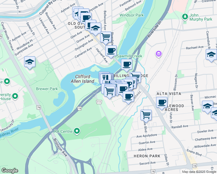 map of restaurants, bars, coffee shops, grocery stores, and more near 2263 Riverside Drive in Ottawa