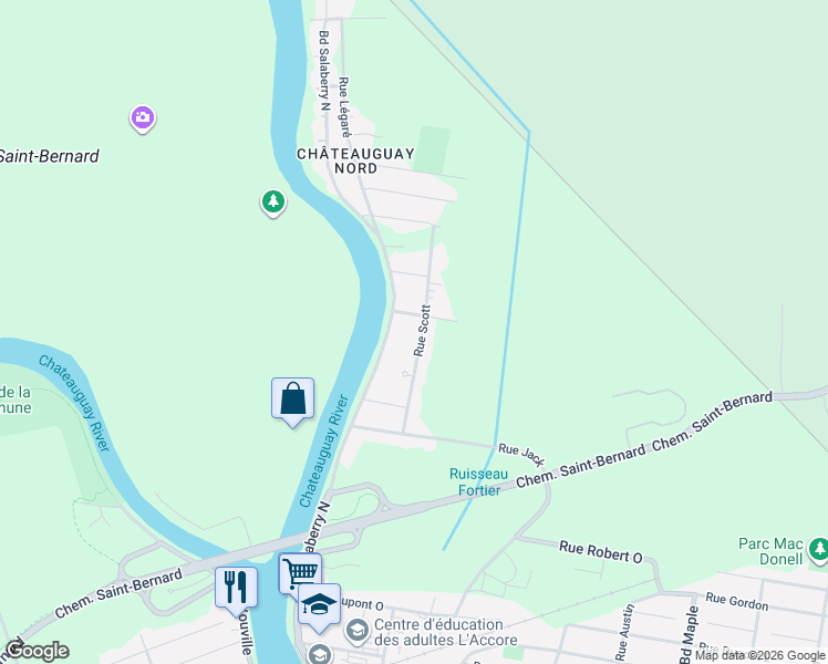 map of restaurants, bars, coffee shops, grocery stores, and more near 337 A Rue Scott in Châteauguay
