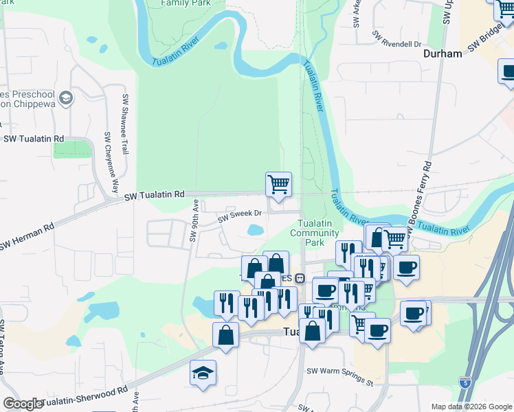 map of restaurants, bars, coffee shops, grocery stores, and more near 15094 Southwest Tualatin Road in Tualatin