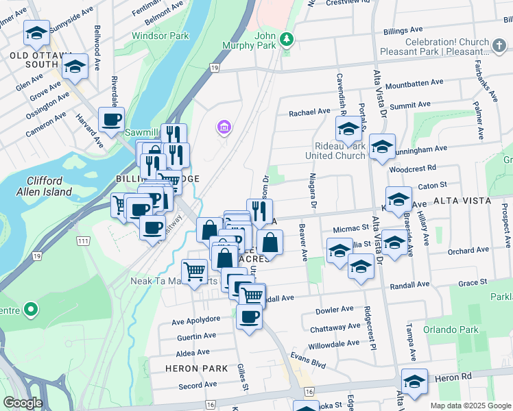 map of restaurants, bars, coffee shops, grocery stores, and more near 2170 Blossom Drive in Ottawa