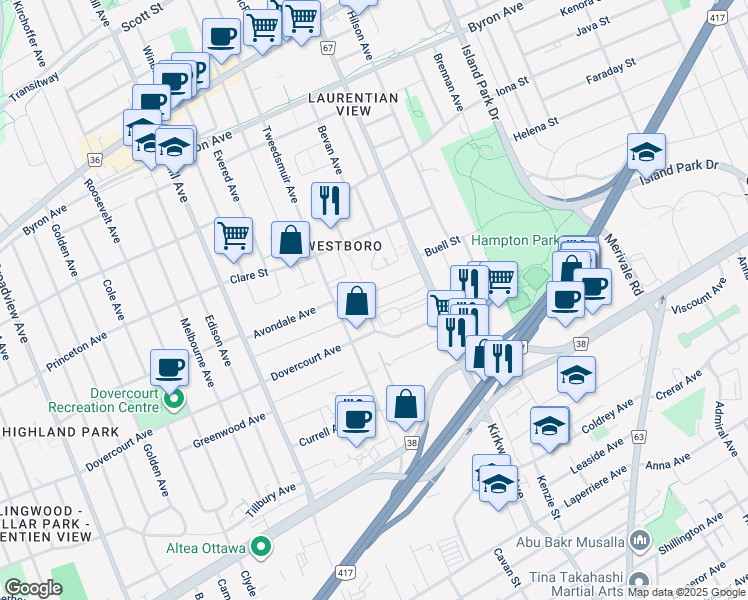 map of restaurants, bars, coffee shops, grocery stores, and more near in Ottawa