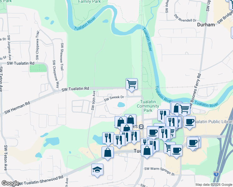 map of restaurants, bars, coffee shops, grocery stores, and more near 8720 Southwest Tualatin Road in Tualatin