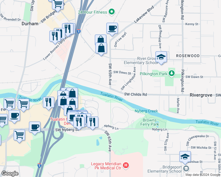 map of restaurants, bars, coffee shops, grocery stores, and more near 6797 Southwest Childs Road in Tualatin