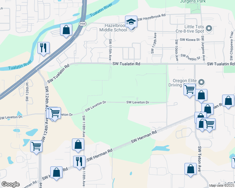 map of restaurants, bars, coffee shops, grocery stores, and more near 11155 Southwest Leveton Drive in Tualatin