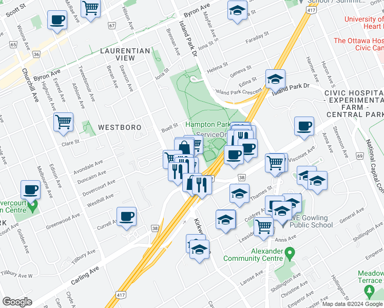 map of restaurants, bars, coffee shops, grocery stores, and more near 648 Parkview Road in Ottawa