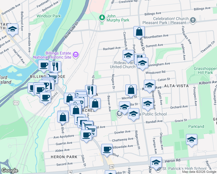 map of restaurants, bars, coffee shops, grocery stores, and more near 174 Dahlia Avenue in Ottawa