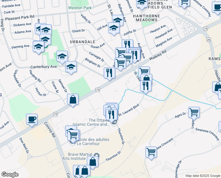 map of restaurants, bars, coffee shops, grocery stores, and more near 2204 Walkley Road in Ottawa