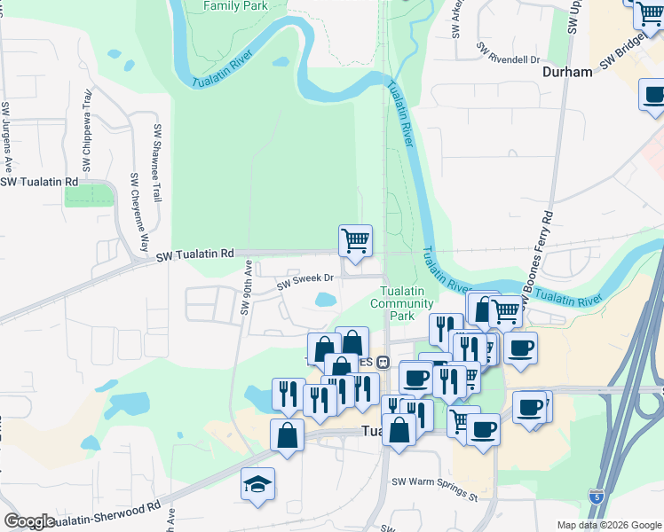 map of restaurants, bars, coffee shops, grocery stores, and more near 8720 Southwest Tualatin Road in Tualatin