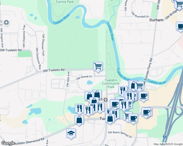 map of restaurants, bars, coffee shops, grocery stores, and more near 15094 Southwest Tualatin Road in Tualatin