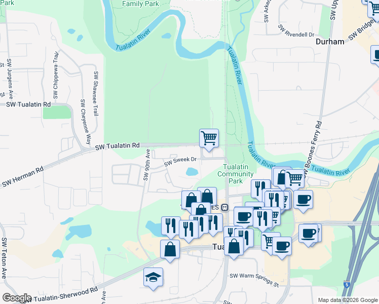 map of restaurants, bars, coffee shops, grocery stores, and more near 15094 Southwest Tualatin Road in Tualatin