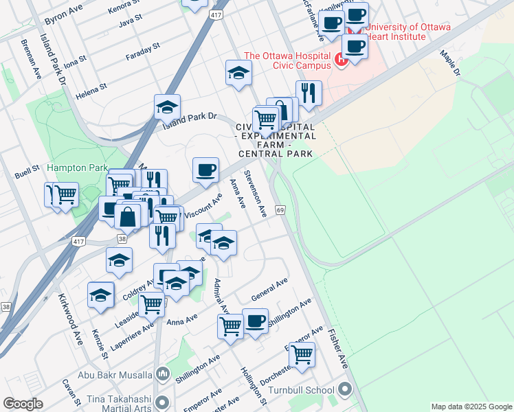map of restaurants, bars, coffee shops, grocery stores, and more near in Ottawa