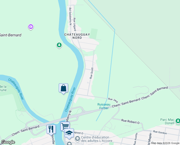 map of restaurants, bars, coffee shops, grocery stores, and more near 337 A Rue Scott in Châteauguay