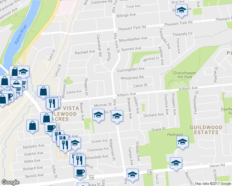 map of restaurants, bars, coffee shops, grocery stores, and more near 2253 Alta Vista Drive in Ottawa
