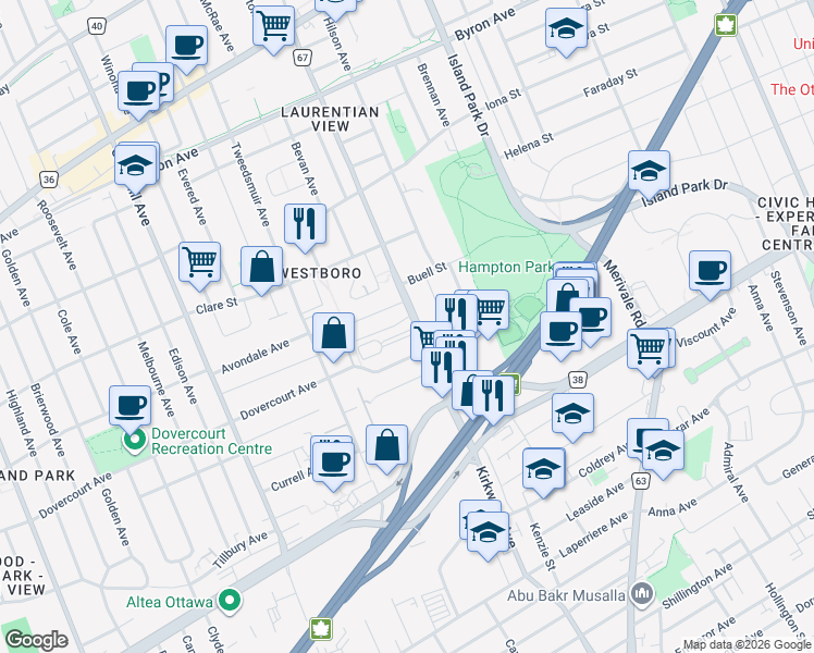 map of restaurants, bars, coffee shops, grocery stores, and more near 177 Macy Boulevard in Ottawa
