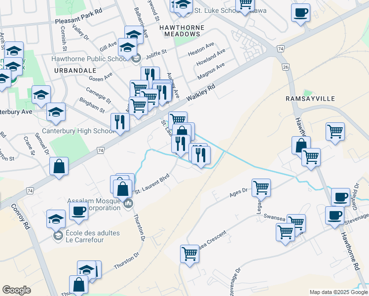 map of restaurants, bars, coffee shops, grocery stores, and more near 2265 Saint Laurent Boulevard in Ottawa