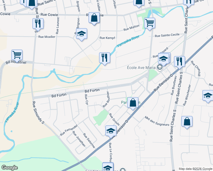 map of restaurants, bars, coffee shops, grocery stores, and more near 123 Boulevard Fortin in Granby