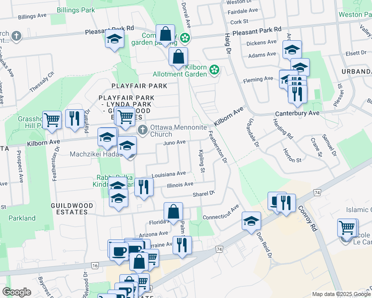 map of restaurants, bars, coffee shops, grocery stores, and more near 2220 Louisiana Avenue in Ottawa