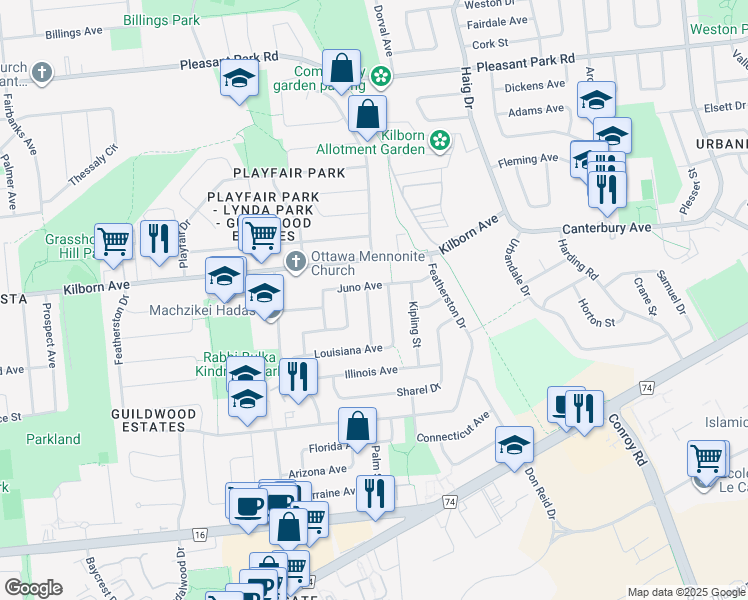 map of restaurants, bars, coffee shops, grocery stores, and more near 2219 Quinton Street in Ottawa