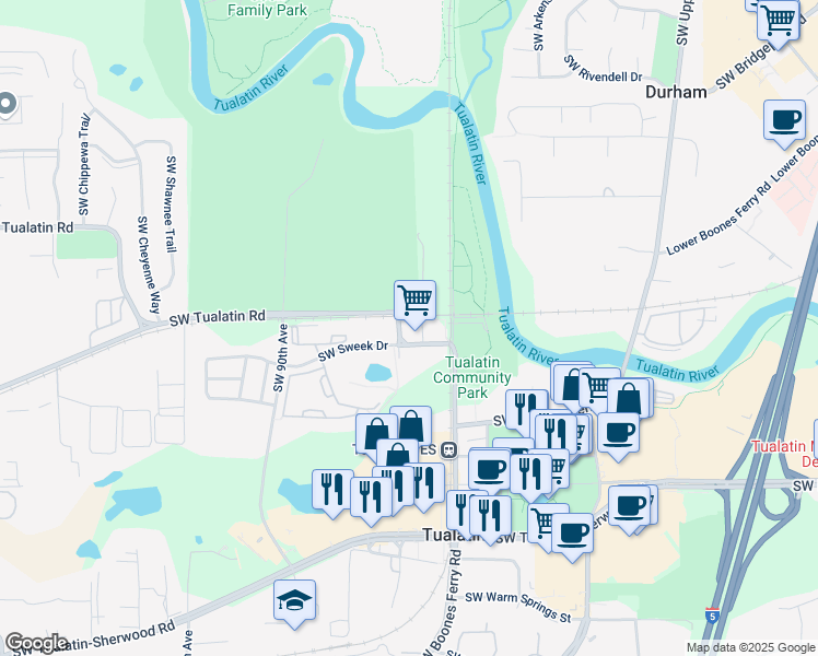 map of restaurants, bars, coffee shops, grocery stores, and more near 8650 SW Cherokee St in Tualatin