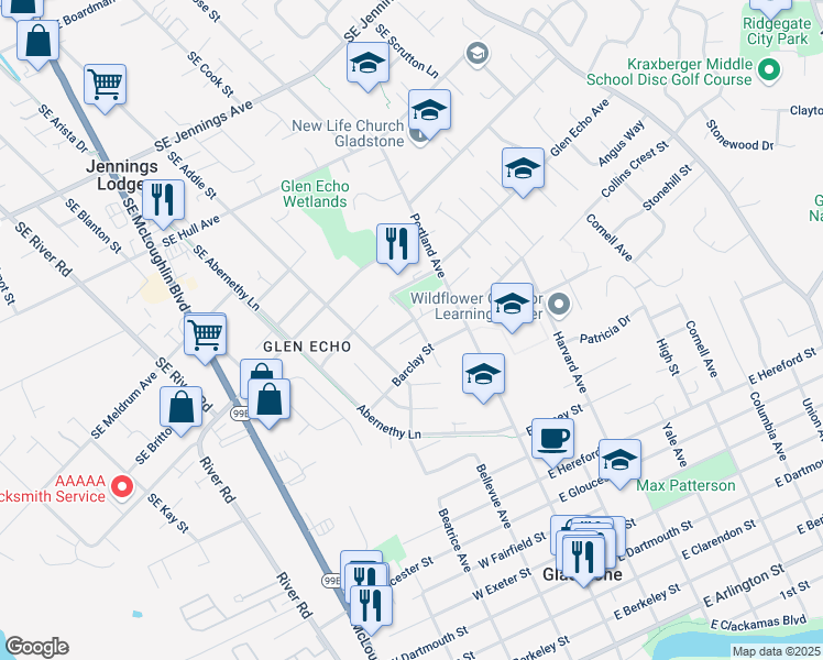 map of restaurants, bars, coffee shops, grocery stores, and more near 5940 Southeast Sladen Avenue in Gladstone