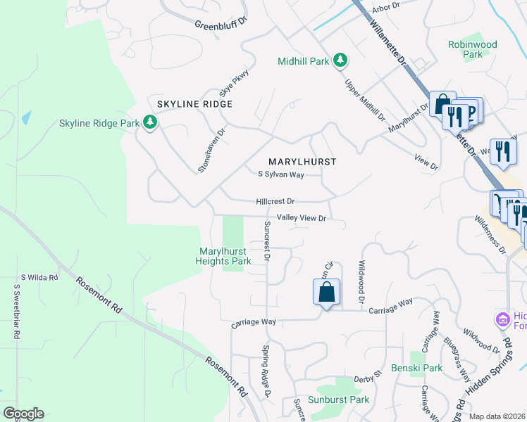 map of restaurants, bars, coffee shops, grocery stores, and more near 19001 Suncrest Drive in West Linn