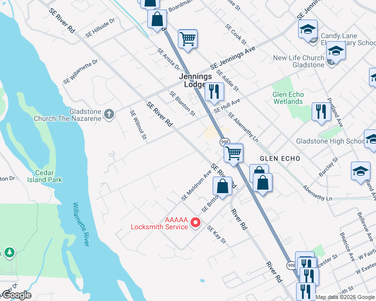 map of restaurants, bars, coffee shops, grocery stores, and more near 4815 Southeast River Drive in Milwaukie